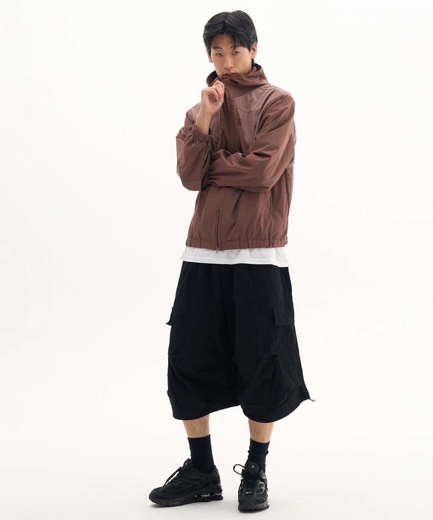 Placestudioman High-Neck Sheer Contrast Nylon Hooded Windbreaker [Wine]