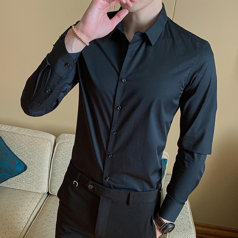 2021 Spring/Autumn Men's Iron-Free Long Sleeve Shirt - Youth Business, Solid Color, Turn-Down Collar.