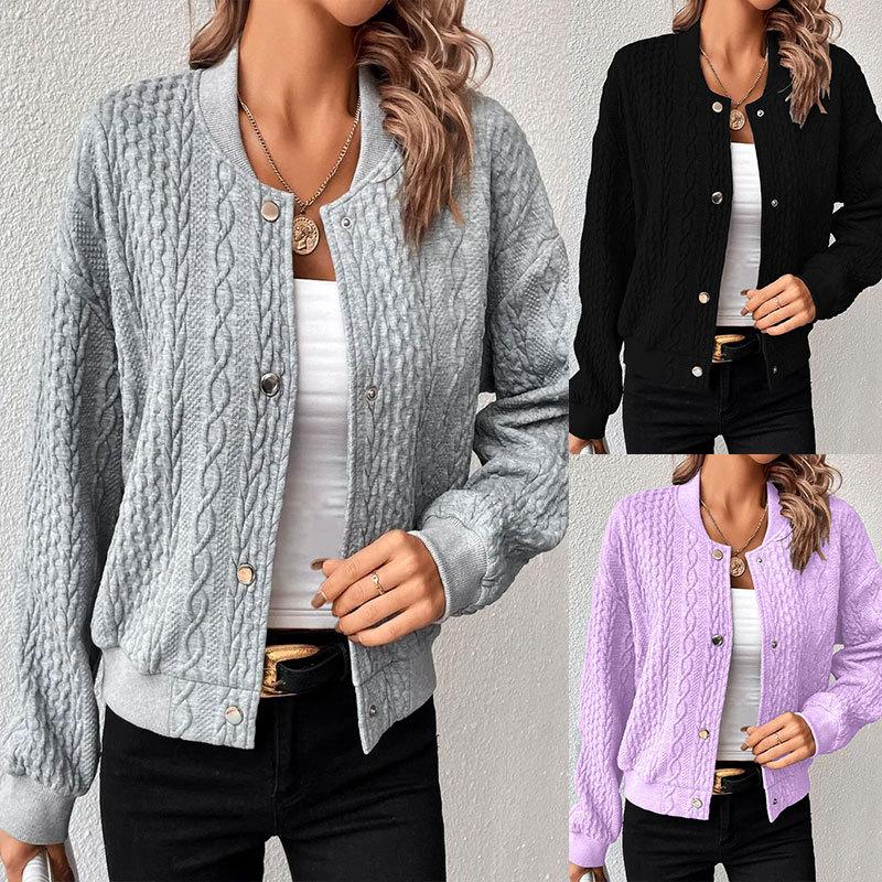 women's Cable Knit Textured Stand Collar Single Breasted Long Sleeve Jacket Casual Baseball Cardigan