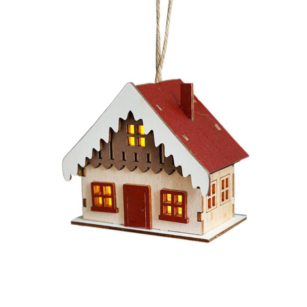 Decorative Christmas Snow House Pendant Elk Hanging Lighting Glowing Log Cabin Mini Christmas Tree LED Wooden Christmas House