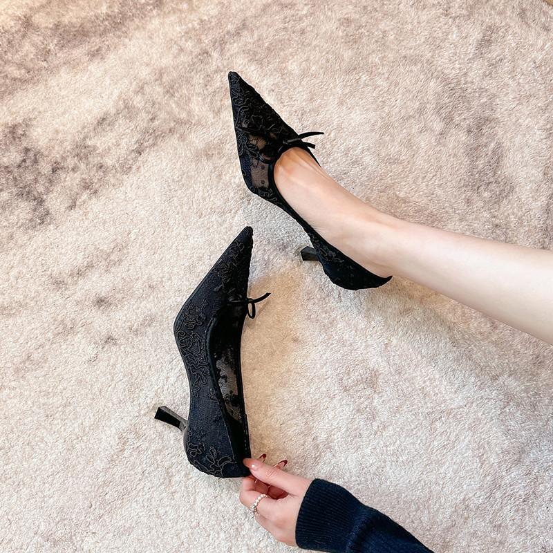 Fashion Fashion Mesh Lace Embroidery Bowknot Women Pumps Elegant Pointed Toe Office Thin High Heels Female Summer Party Dress Shoes