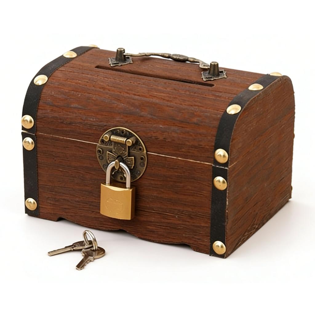 Wooden Piggy Bank Vintage Treasure Chest Shaped Money Saving Bank for Home Decor Party Display 14x10x10cm with Lock