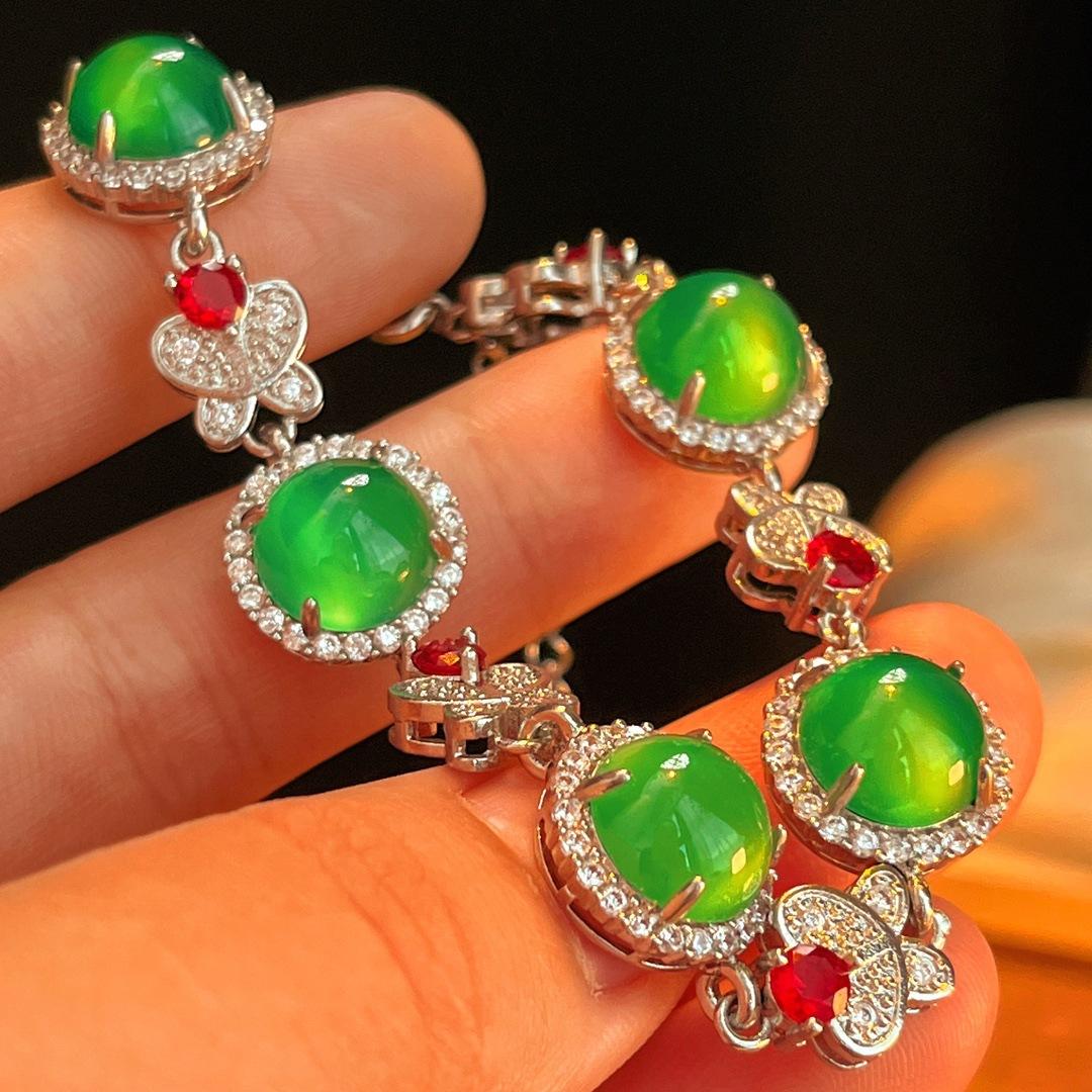Full Green Yang Green Natural Agate Green Chalcedony Bracelet Female Micro-Inlaid, Real Shot Fidelity
