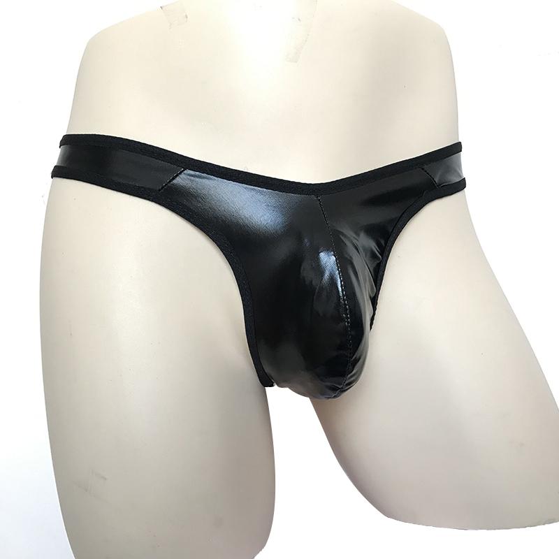 1pc Black Men's Faux Leather Sexy Briefs Thongs T-Back G-Strings Low Waist U-convex Pouch Panties Man Underwear Clubwear