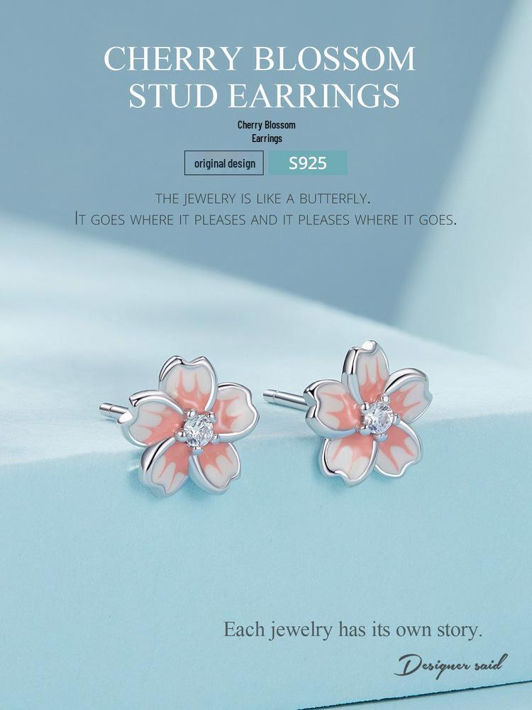 Yin Ziyun Cherry Blossom Pink Gradient Sterling Silver Earrings - Romantic Floral Birthday Gift