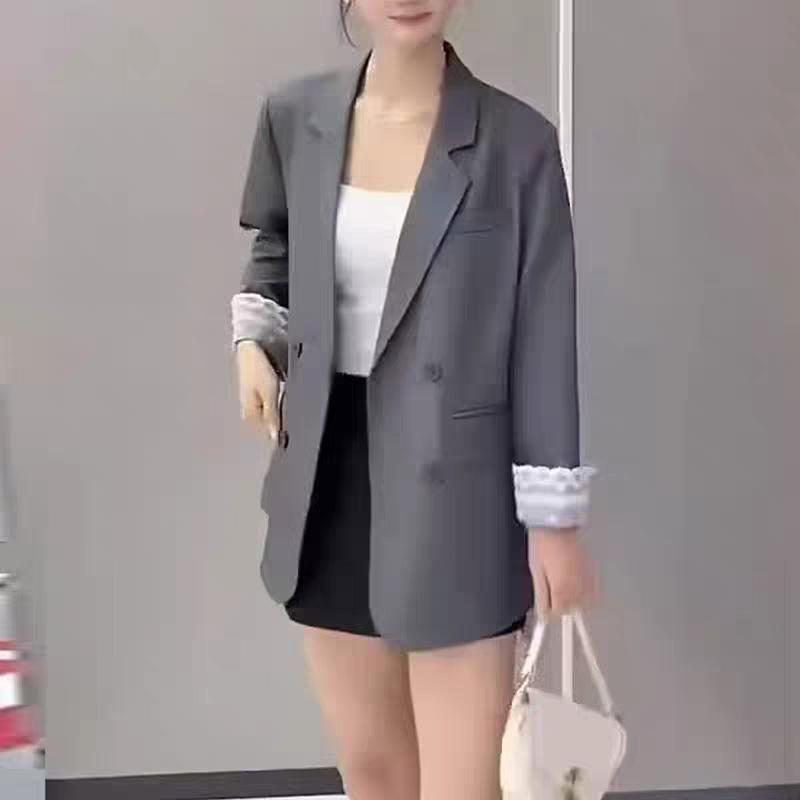 

Женский пиджак-костюм с V-образным вырезом и кружевной отделкой - Весна 2025, Высококлассный европейский стиль, Повседневный топ Medium светло-серый