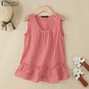 ZANZEA Womens Casual Round Neck Loose Sleeveless Grid Print Vest Tops