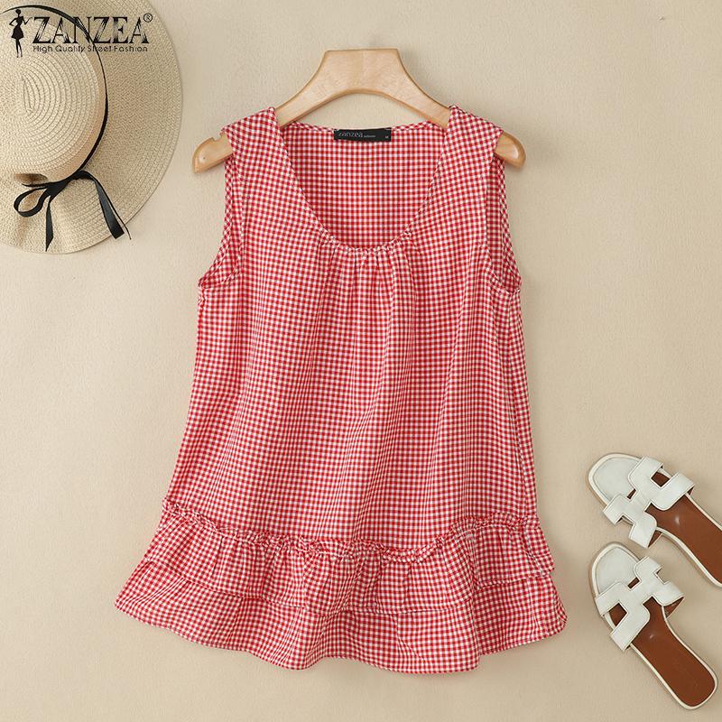 ZANZEA Womens Casual Round Neck Loose Sleeveless Grid Print Vest Tops