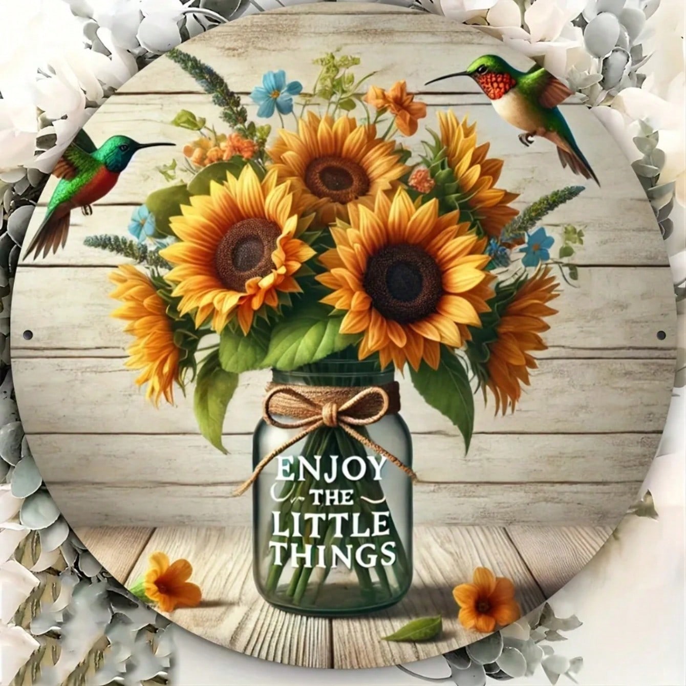 Metal Tin Sign Sunflowers Hummingbirds Farmhouse Decor Wall Art Enjoy Little Things Nature Home Garden 20x20