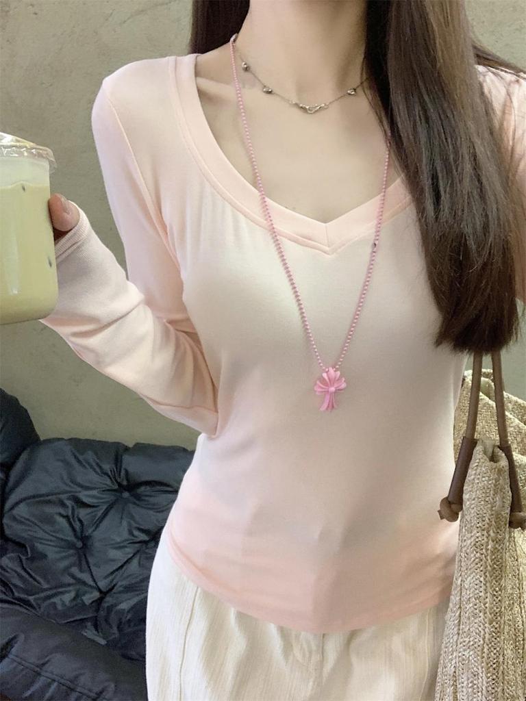 Autumn Korean Grey V-Neck Slim-Fit Cotton Long-Sleeve Women's T-Shirt
