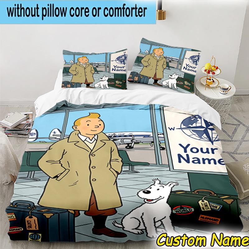3pcs Custom Name Tintin's Adventure City Bedding Set Includes 1 Duvet Cover & 2 Pillowcases for All Seasons Dormitory Home Decor Christmas gifts