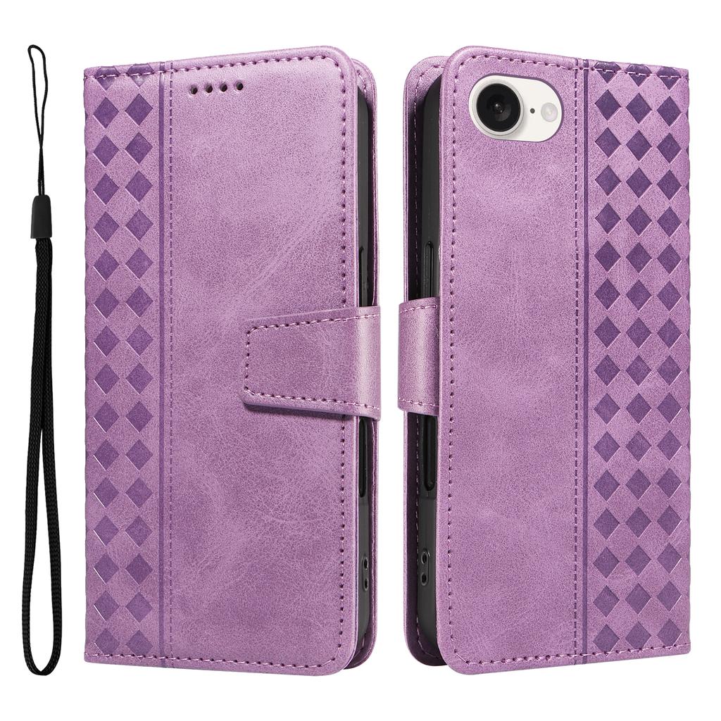 For iPhone 16e Leather Case Wallet Stand Grids Imprinted Phone Cover with Strap