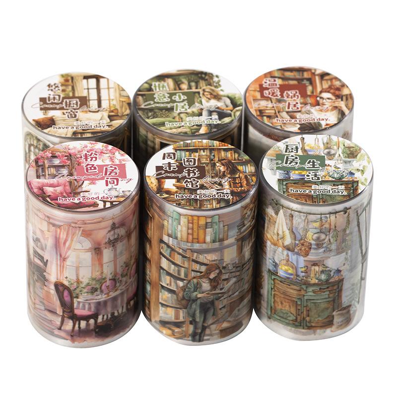 Piece Retro Daily Life Tape Sticker Roll, Nostalgic Motifs of Everyday Moments (Like Vintage Postcards, Tea Sets)