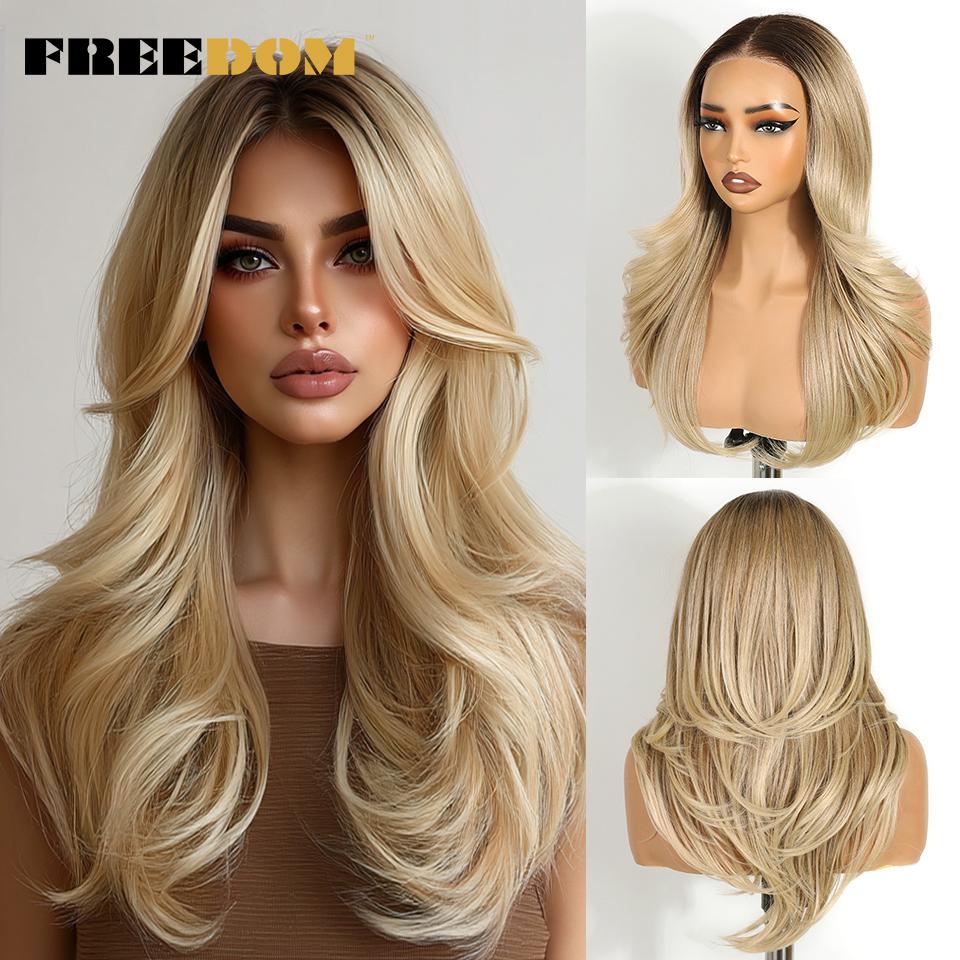 FREEDOM Layered Synthetic Lace Front Wigs For Women 20 Inch Ombre Blonde Wavy 6X4 Pre Plucked Wear And Go Glueless Lace Wigs