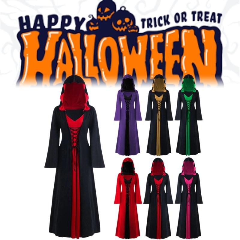 Lady Witch Halloween Hooded Loose Skirt V Neck Long Sleeves Costume Performance