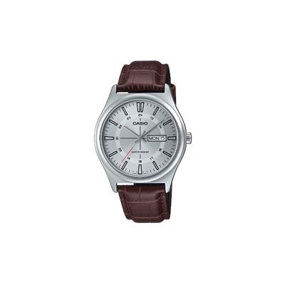 30 Meters Waterproof Quartz Leather Strap Men's Watch Silver Dial MTP-V006L-7C