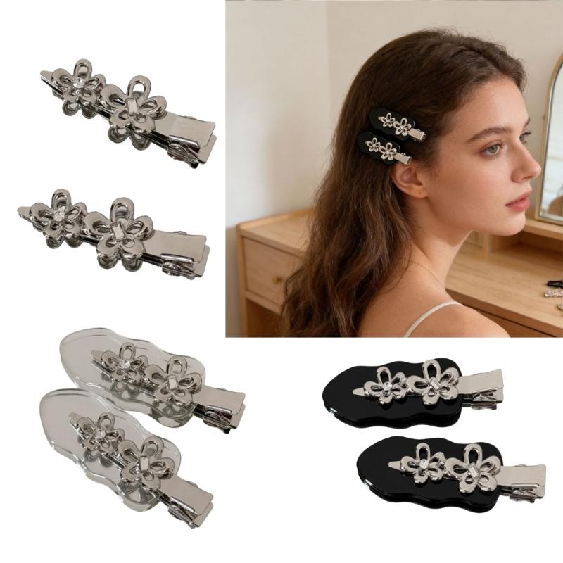 Punk Barrettes Hair Clip Floral Sweet Metallic Flower Flat Clip Hairpin Flower Floral 2000s Hair Clip for Bunches