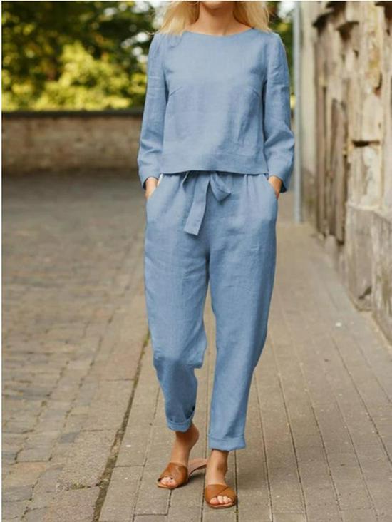 Women's Solid Color Linen Suit - Casual Two-Piece Set, Spring-Summer Retro Style, Elastic Waist with Tie