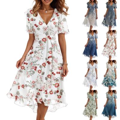Vestidos de mujer informales con cuello en V, manga corta y volantes, estilo vintage.