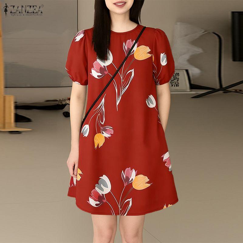 ZANZEA Women Casual Round Neck Short Sleeve Summer Print Dress