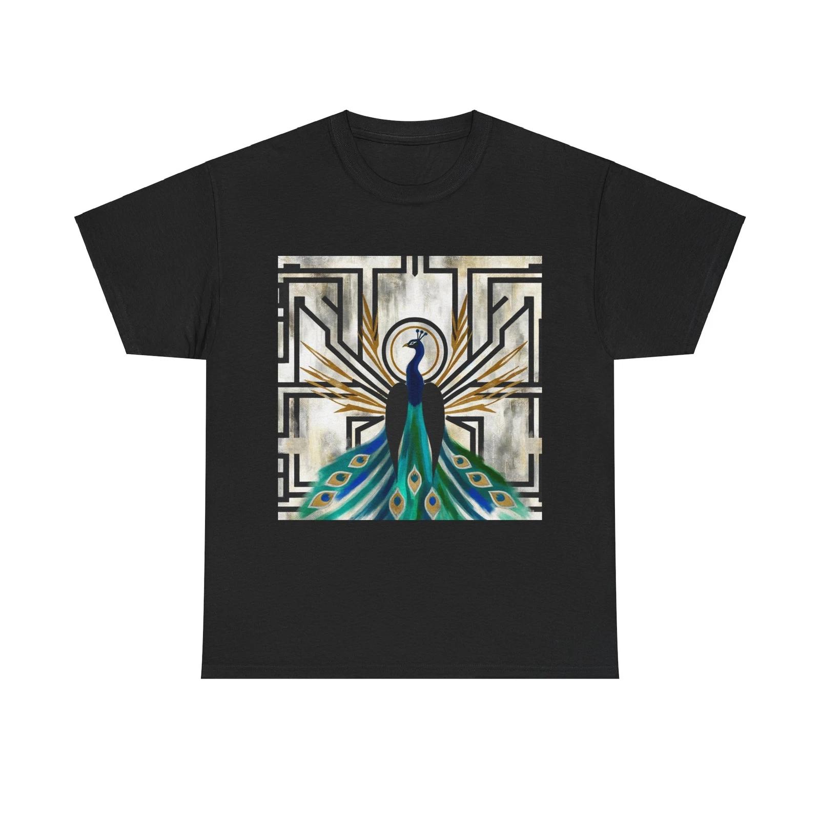 Unisex Adult T Shirt Art Deco Peacock Elegance Vintage Style Black Graphic Tee S