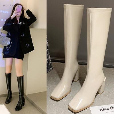 Herbst Und Winter Ritter Stiefel Frauen est Mode All-Match Patent Leder Karree Bequeme Lange Stiefel Frauen