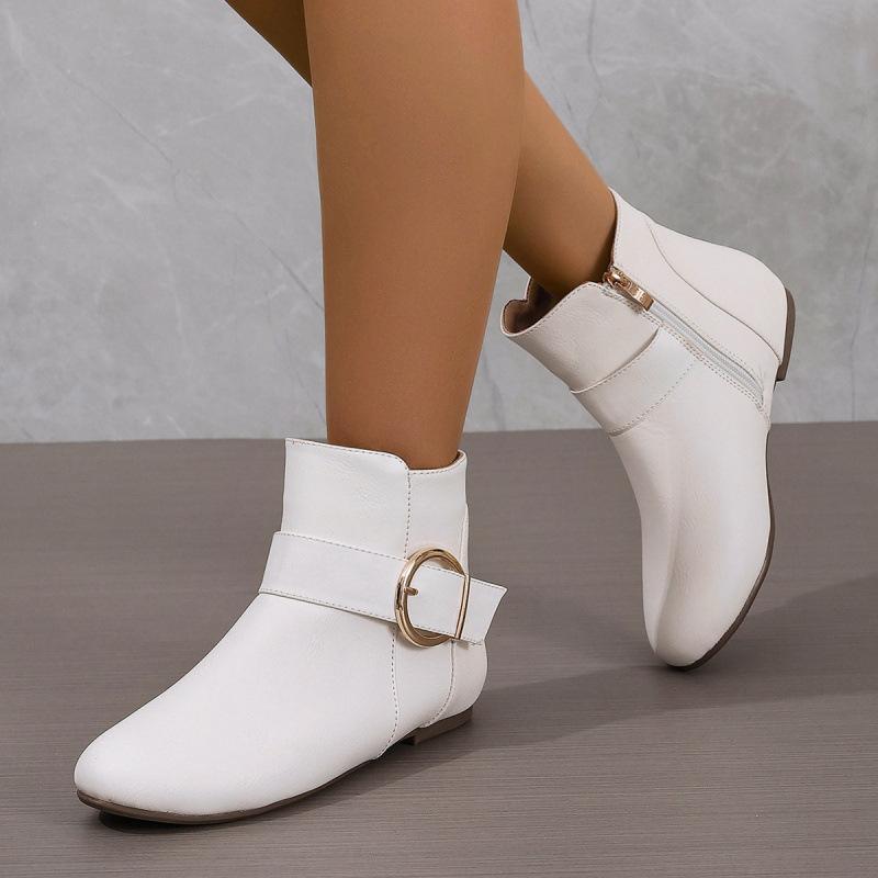 Autumn new large buckle side zipper flat bottom low top European and American versatile women's boots fashionable and comfortable short boots