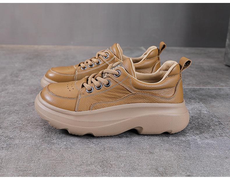 Women's Genuine Leather Retro Lace-Up Sneakers with Thick Soles - Spring Casual Cowhide Loafers