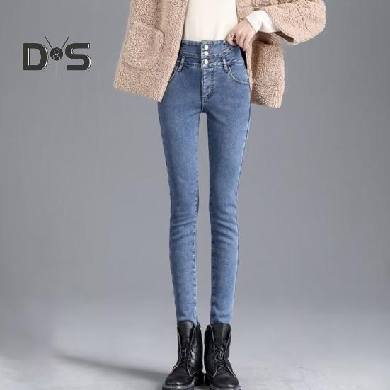 Women Winter Jeans High Waist Faux Fur Lining Slim Fit Button Closure Soft Warm Thick Solid Color Pockets Pencil Pants Lady Autumn Trousers