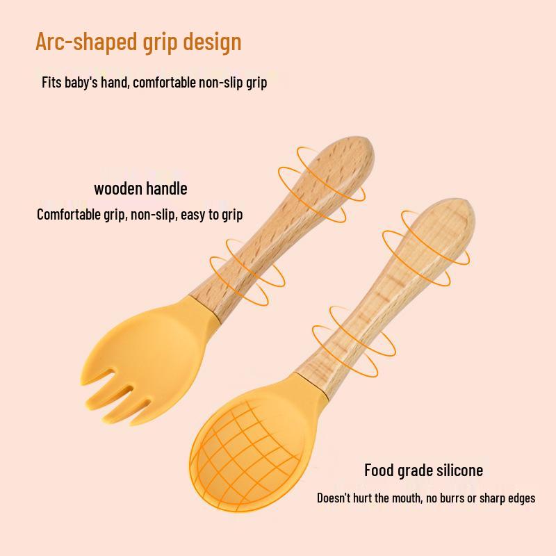 Silicone Wooden Handle Baby Fork & Spoon Set - Food Grade Training Utensils