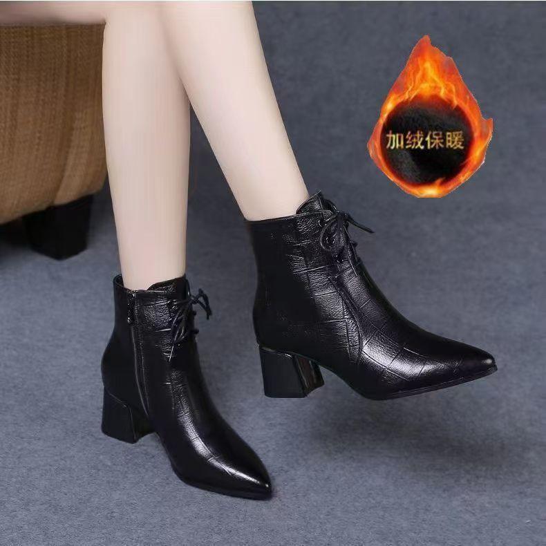Fashion FHC Women Short Boots,Soft Ankle Botas,Autumn/Winter Shoes,Pointed toe,Thick Heel,Side Zip,Front Laces.Black,Brown,Dropshipping