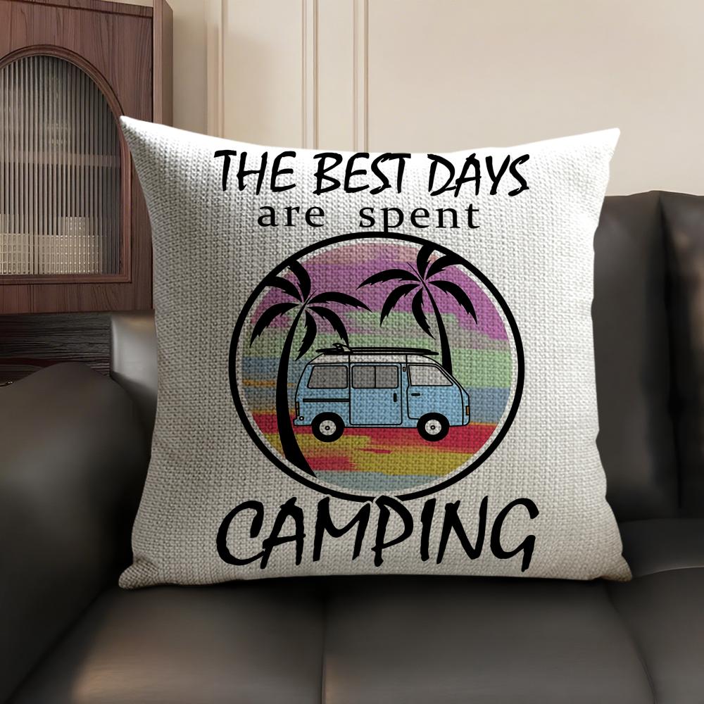 Happy Camping RV Camper Car Cushion Cover Natural Linen Organic Fabric DoubleSided Printing Sofa Home Decor Gift Pillow Case