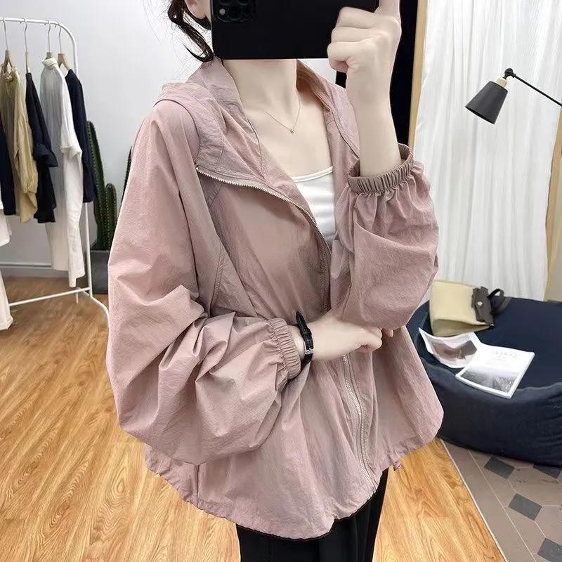 Women's Summer Thin Loose Hooded Sun Protection Jacket Solid Color Casual Sports Tops