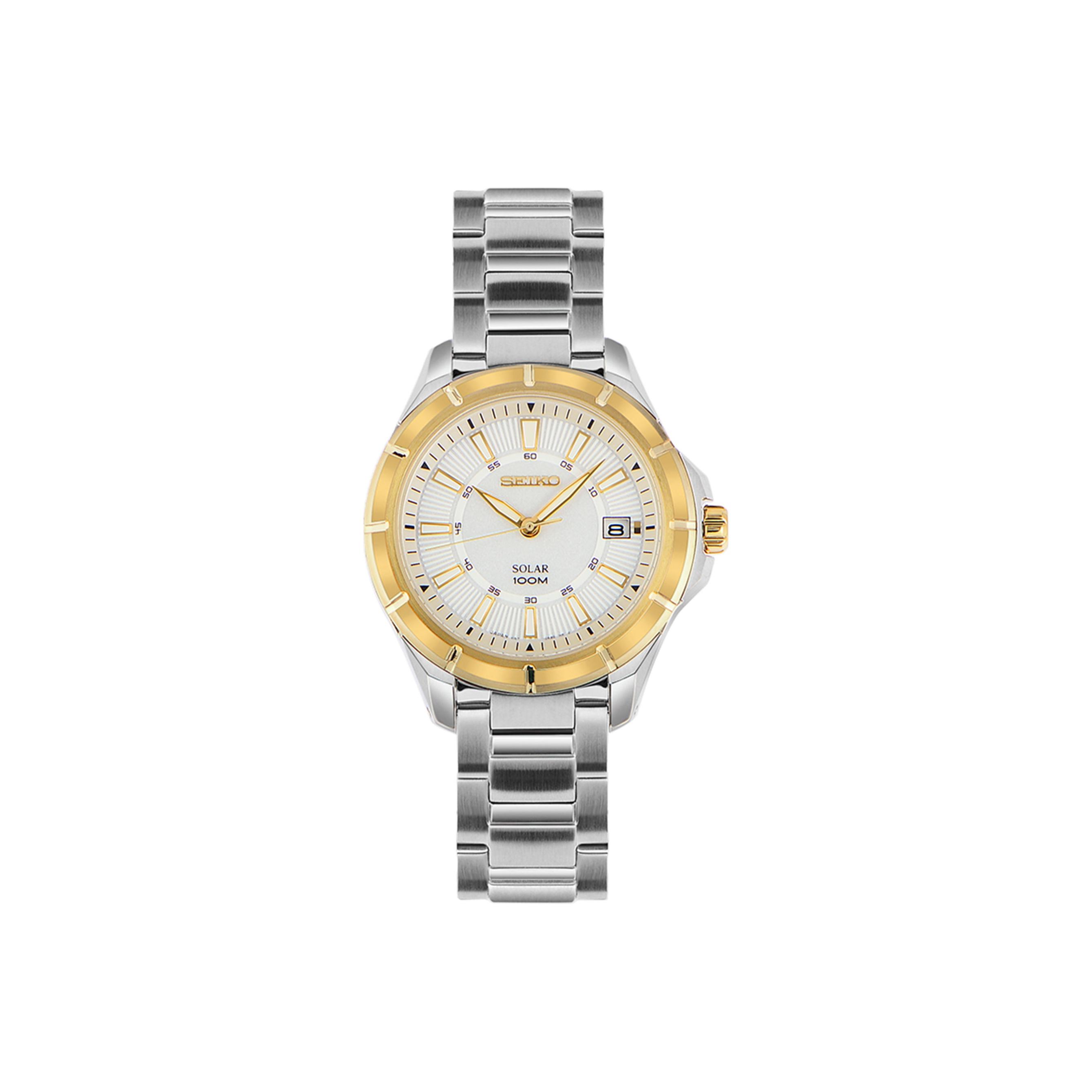 

Seiko Solar Business Casual Waterproof Quartz Watch Men Watches White SNE084J1 Medium Gold Watch Dial