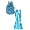 Children‘s Shiny Sequins Halter Neck Backless Jazz Dance Bodysuit and Split Flare Metallic Pants for Competition Recital