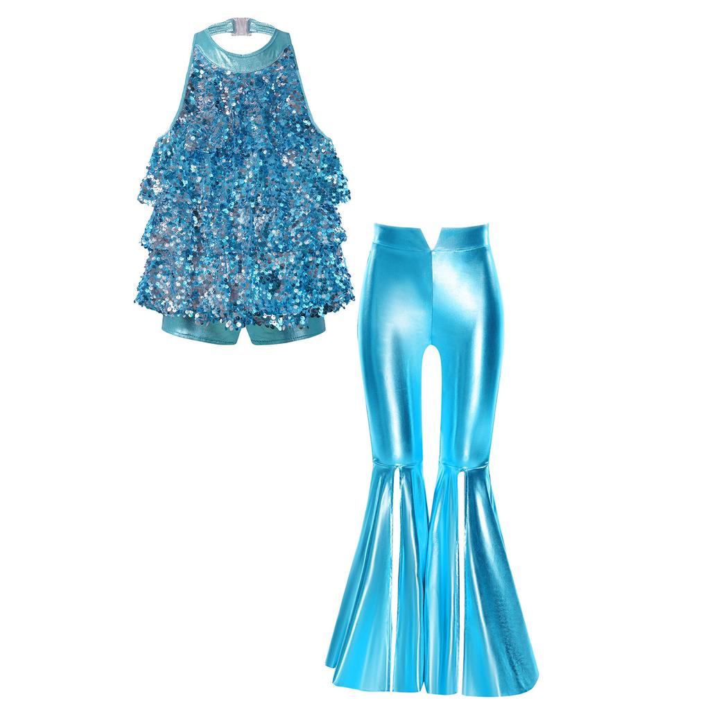 Children‘s Shiny Sequins Halter Neck Backless Jazz Dance Bodysuit and Split Flare Metallic Pants for Competition Recital