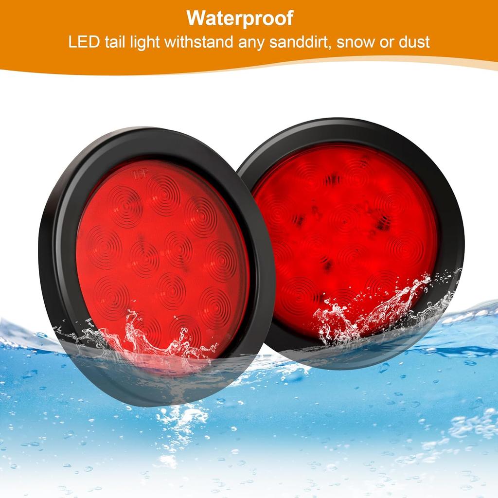 4Pcs 4" Round Led Trailer Lights Kit Red 12 LED Boat Marker Lights Brake Lights Stop Turn Side Utility Tail Lights Waterproof Hitch Light For Truck