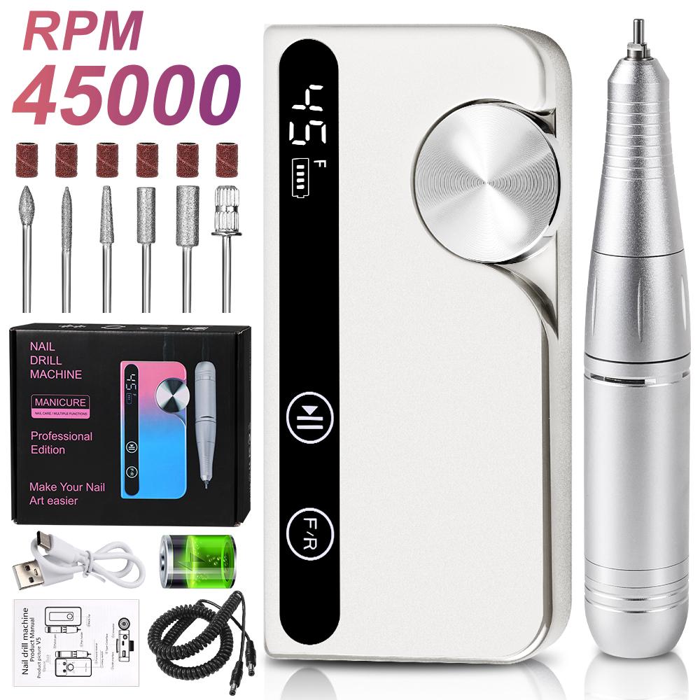 

45000RPM Low Noise Professional Nail Drill Rechargeable Polishing Nail Machine Suitable for Gel Nail Polish Polishing Tool USB білий