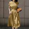 Women Casual Round Neck Solid Color Loose Short Sleeve Dress