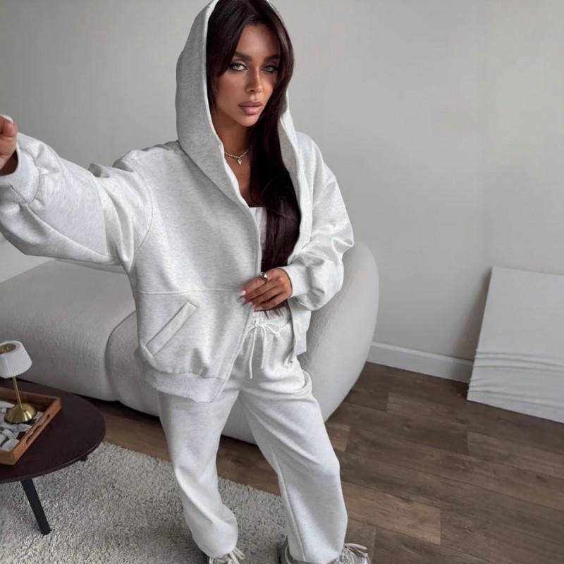Womens Solid Color Long Sleeve Zip-Up Hooded Sweatshirt Drawstring Pants 2-Piece Casual Set Streetwear Outfit