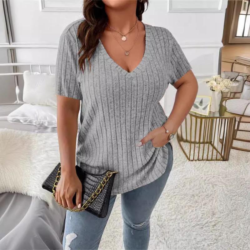 Spring Summer Women's Tops Solid Color V-neck Loose Pit Stripe Brushed Short Sleeved T Shirt