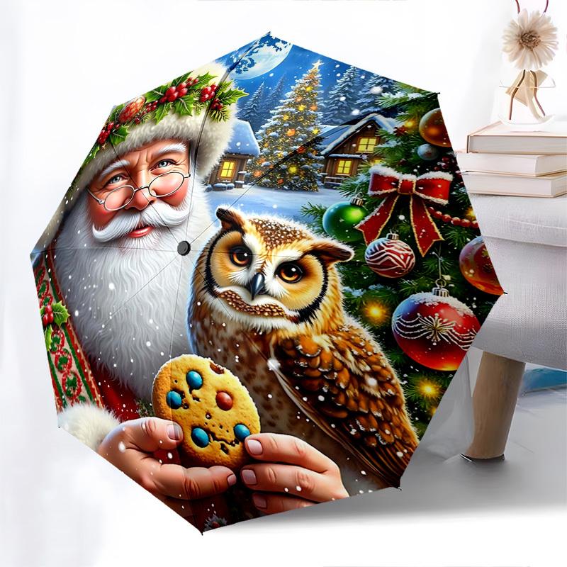 

1pc Christmas Santa Owl Cookie Automatic Opening/Closing Umbrella, Festive Gift for Fans, Travelers & Daily Use.X102