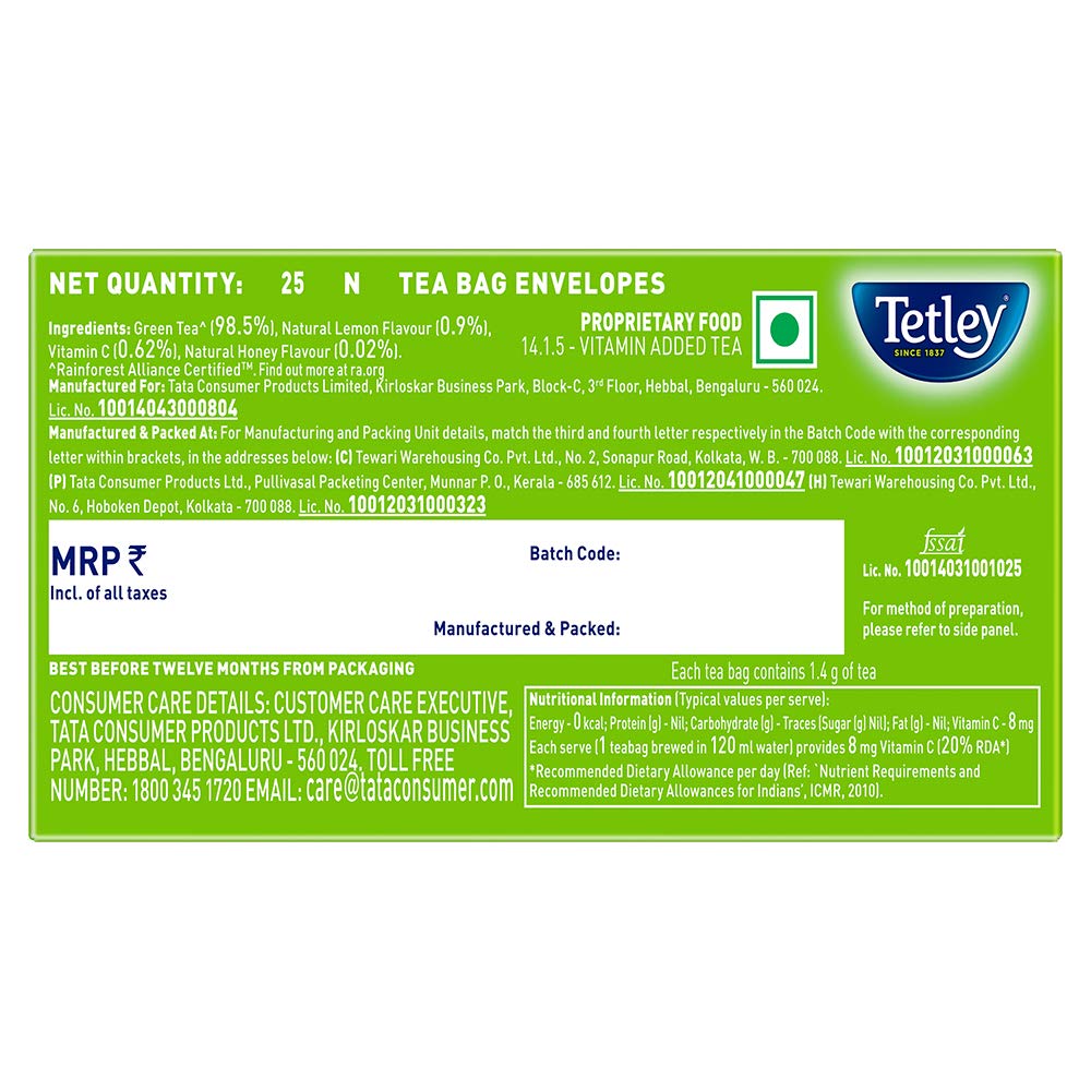 Tetley Green Tea Lemon And Honey 25 Tea Bags 39g Natural Flavored Herbal Rejuvenating Drink