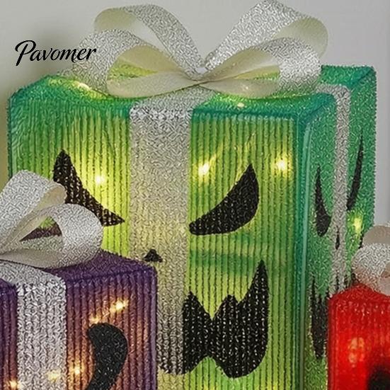 Handmade Pumpkin Face Props 3Pcs Lighted Halloween Gift Boxes, Spooky Glowing Outdoor Doorway Landscaping Presents Box, Warm Light Holiday Ornament