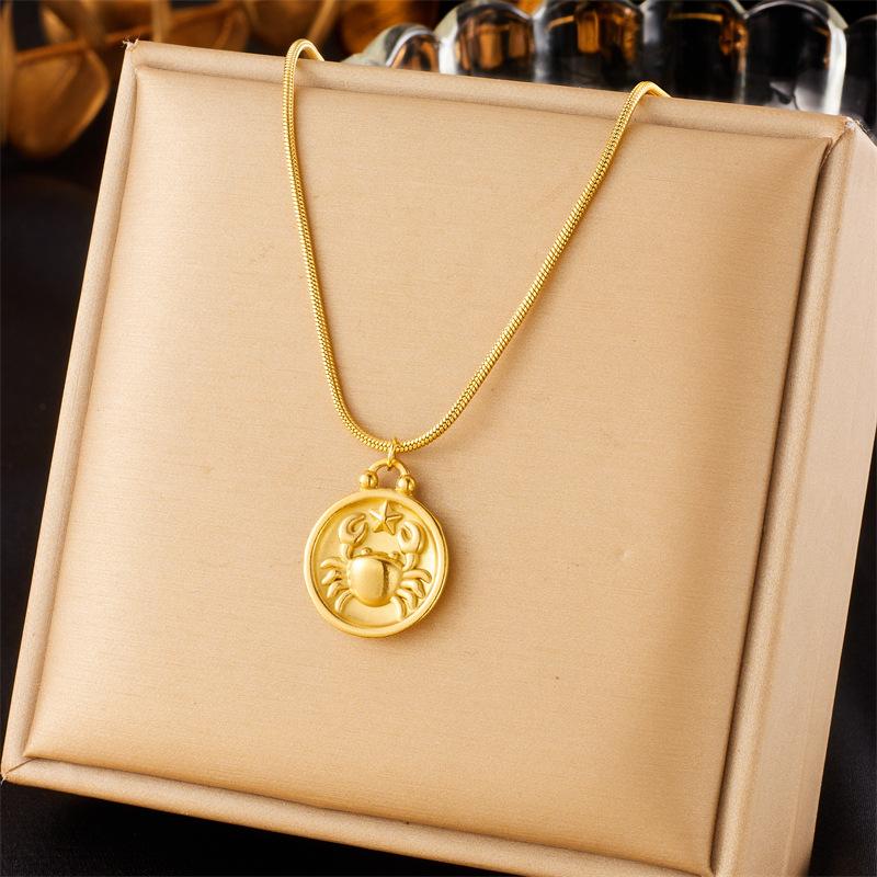 Retro New Round Double Sided Wearing 12 Constellation Pendant Titanium Steel Necklace Jewelry