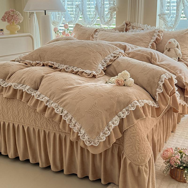 French Bed Cover Lace Thickened Milk Fleece Four-Piece Double-Sided Baby Fleece 1.8