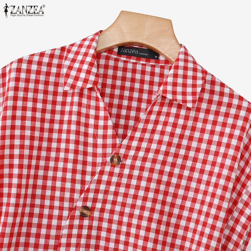 ZANZEA Women Casual V-Neck Short Sleeve Plaid Print Dress