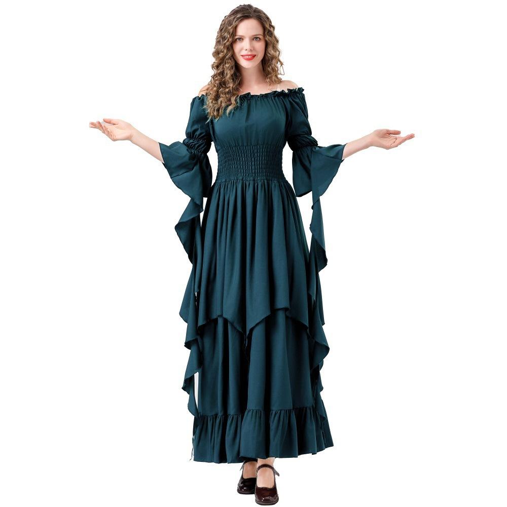 Middle Ages Renaissance off shoulder long dress, flowing flared sleeve dress with ruffles, women's retro court attire