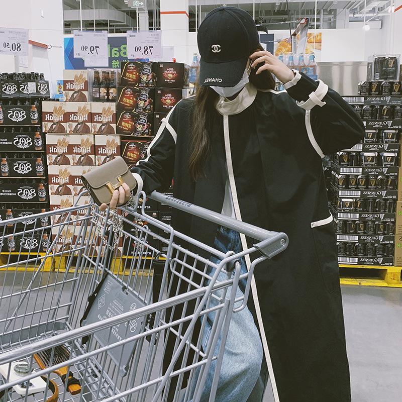 

Женская узкая ветровка с воротником-стойкой, скрытыми пуговицами, контрастного цвета, классная универсальная, простая, средней длины, для женщин XL чёрный