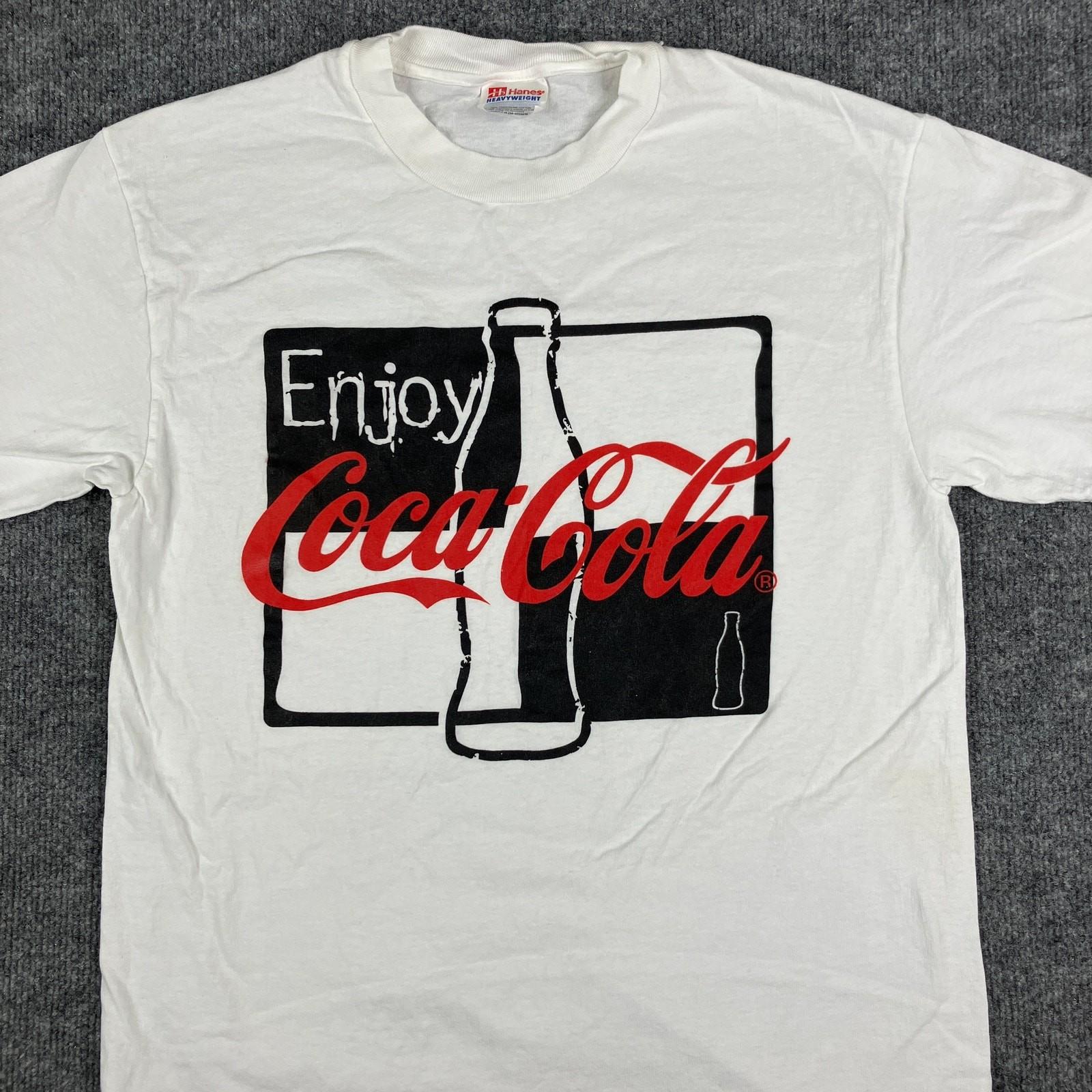 Hanes T-Shirt Mens M White Coca-Cola Graphic Logo Vintage Soda Pop Enjoy Coke S